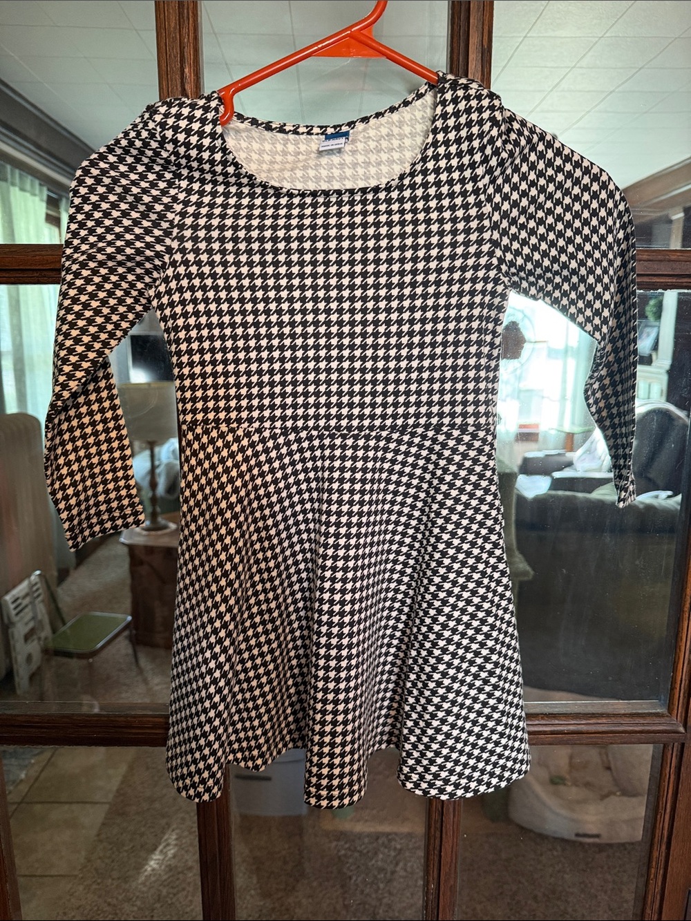 Old Navy Kid Black White Houndstooth Long Sleeve Fit Flare Pocket Dress XS 5 NWT